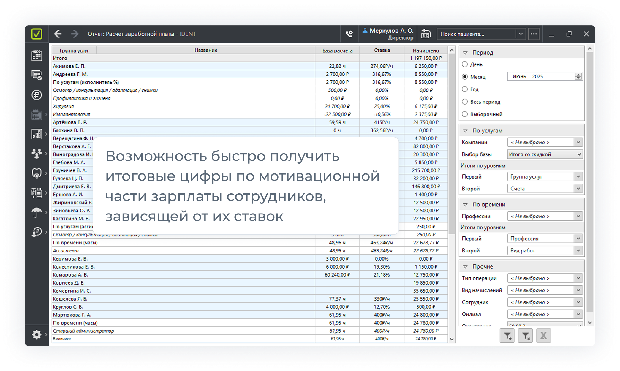 Функция Ident Заработная плата - Модуль для расчета зарплаты врачам, ассистентам и администраторам в зависимости от выполненных услуг и отработанных смен
